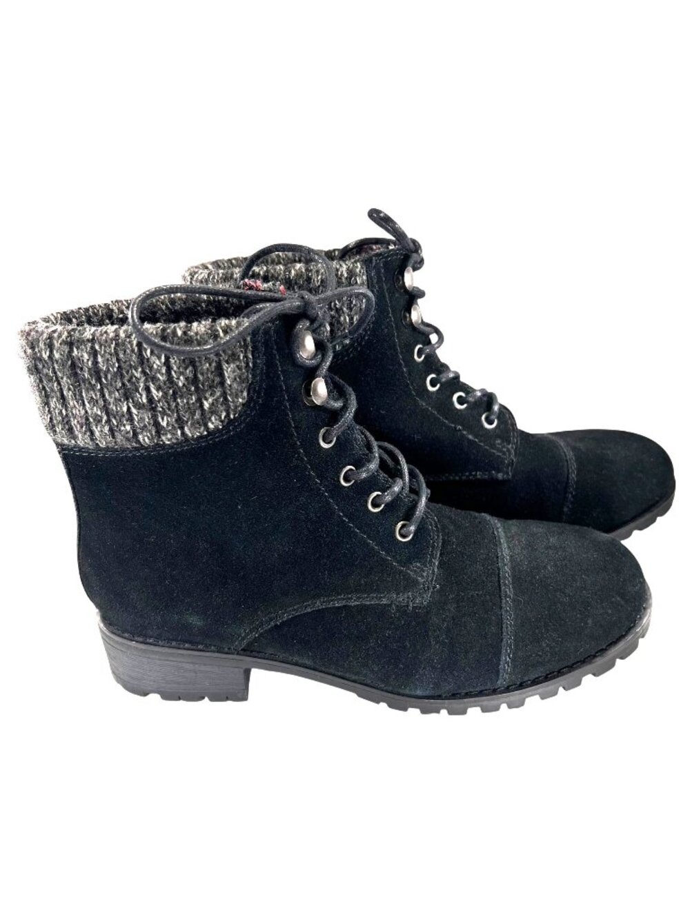 Bjorndal Phoebe Black Suede Ankle Boots Knit Cuff Lug Soles Lace Leather Sz 9